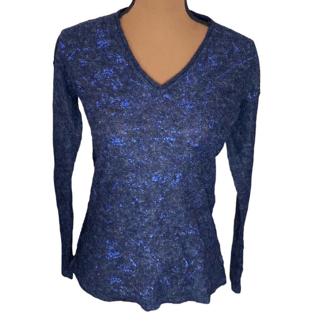 Skin alpaca blend metallic splatter navy v-neck exposed seam sweater size S